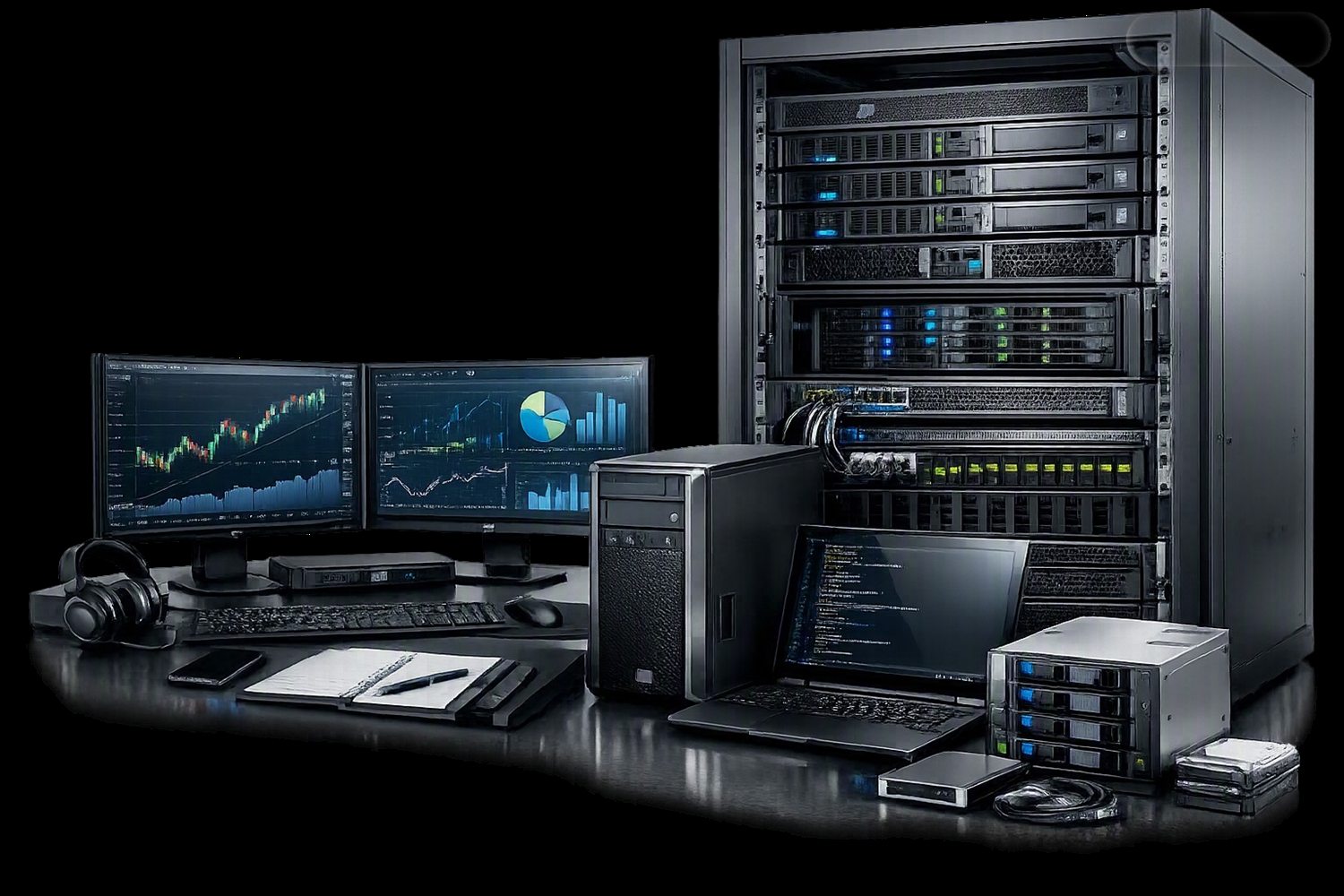 An enterprise setup: a rack-mounted server beside a workstation and laptops, with monitoring dashboards on screen and network storage alongside.