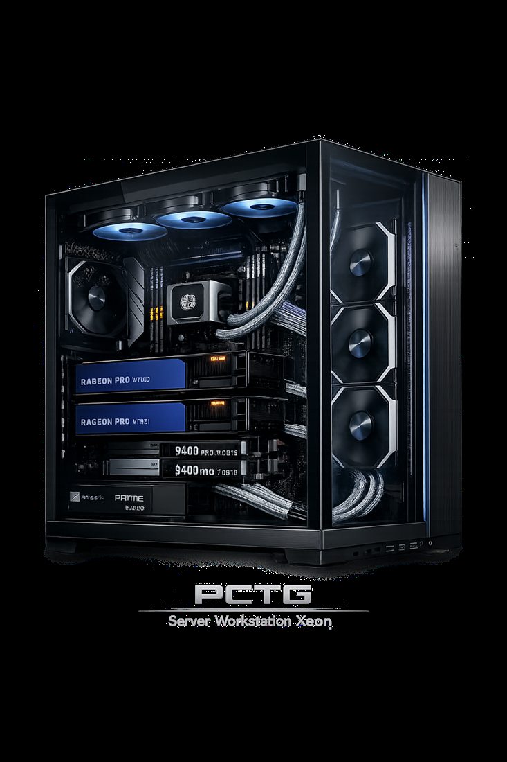 A rack-format server workstation with two Radeon Pro graphics cards, a CPU cooler and multiple hot-swap drive bays.