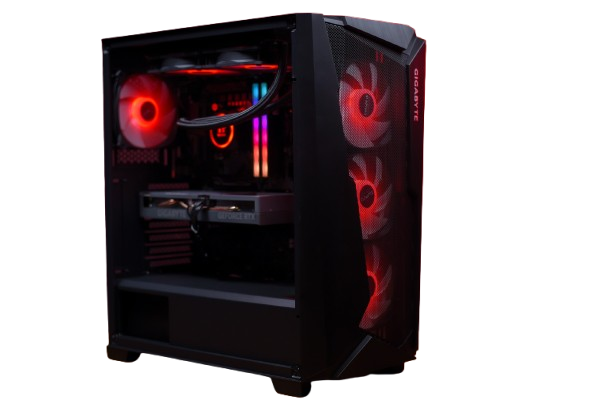 A custom PCTG gaming PC: a black mid-tower with a tempered glass side panel and red RGB fans lit inside.