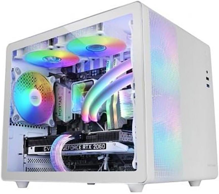 Arctic Ghost — a white custom gaming PC with a full-height glass panel and RGB fans and an AIO liquid cooler.