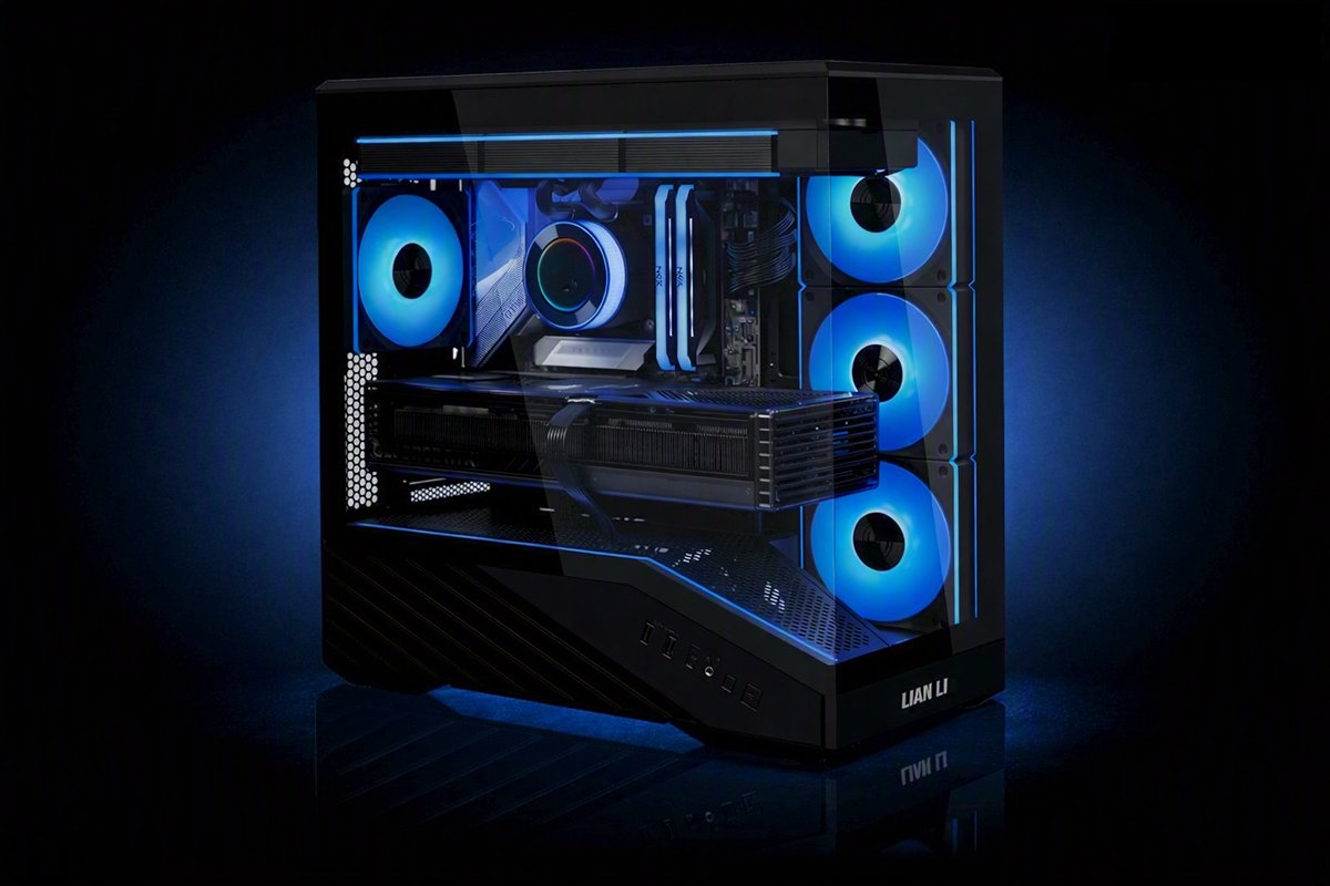 Frostbyte XT — a black mid-tower custom gaming PC with blue RGB fans and a tempered glass side panel.